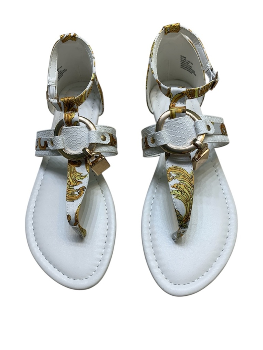 Shoe Dazzle White Sandal with Gold Logo Detail